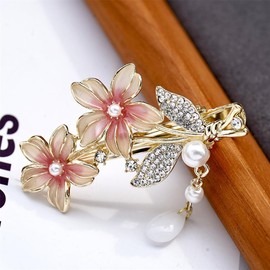 yangzerang Crystal Hair Clips Pearls Alligator Hairpins Small Mini Flower Hair Barrettes Hair Pink Flower Hairpin Shining Hair Accessories for Women and Girls Gold Tone