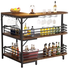 LITTLE TREE 3 Tier L-Shaped Home Bar Unit Liquor Bar Table, Corner Wine Bar Cabinet Mini Bars for Home Kitchen Pub, Rustic Brown