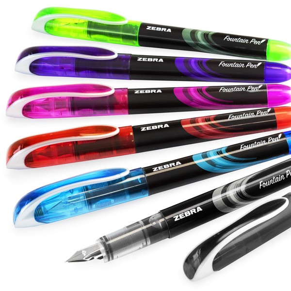 ZEBRA Fuente - Disposable Fountain Pen - Black, Light Blue, Red, Green, Pink, Violet - Pack of 6