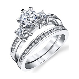 Sterling Silver Cubic Zirconia 1.15 Carat TW Round Cut Wedding Engagement Ring 2 Piece Set Band SZ9