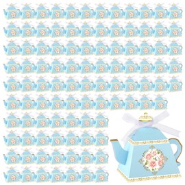Jetec 100 Pcs Floral Teapot Box Flower Tea Party Gift Box Tea Party Candy Boxes for Tea Garden Wedding Favors Bridal Showers Brunches Birthdays Decorations(Blue)