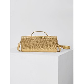 PHILOMENA Evening Woven Crossbody Bags for Women Casual Shoulder Handbag Vegan Leather Clutch Purse for Wedding Party (Gold)