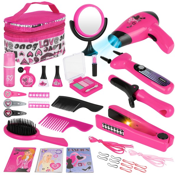 deAO Hairdressing and Vanity Bag Beauty Set Girls Styling Pretend Makeup Accessories Playset Including Braiding Machine and Hairdryer