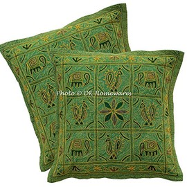 DK Homewares Decorative Couch Decorative Cushion Covers 40 x 40 cm Cotton Green Embroidered Cushion Covers Couch Cushion Home Decor Elephant Square Boho Cushion Covers - Set of 2 (Cover Only)
