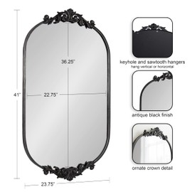 Kate and Laurel Arendahl Traditional Capsule Wall Mirror, 24 x 41, Black, Vintage Glam Baroque-Inspired Round Bathroom Vanity Mirror with Ornate Crown