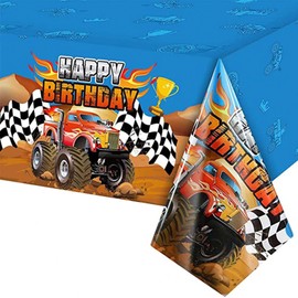 POPOYU 130 * 220 Truck Tablecloth Car Racing Truck Party Table Cover Large Plastic Road Table Runner Machine WaterProof Rectangular Table Cover for Cars Theme Boy Birthday Party Decoration Supplies