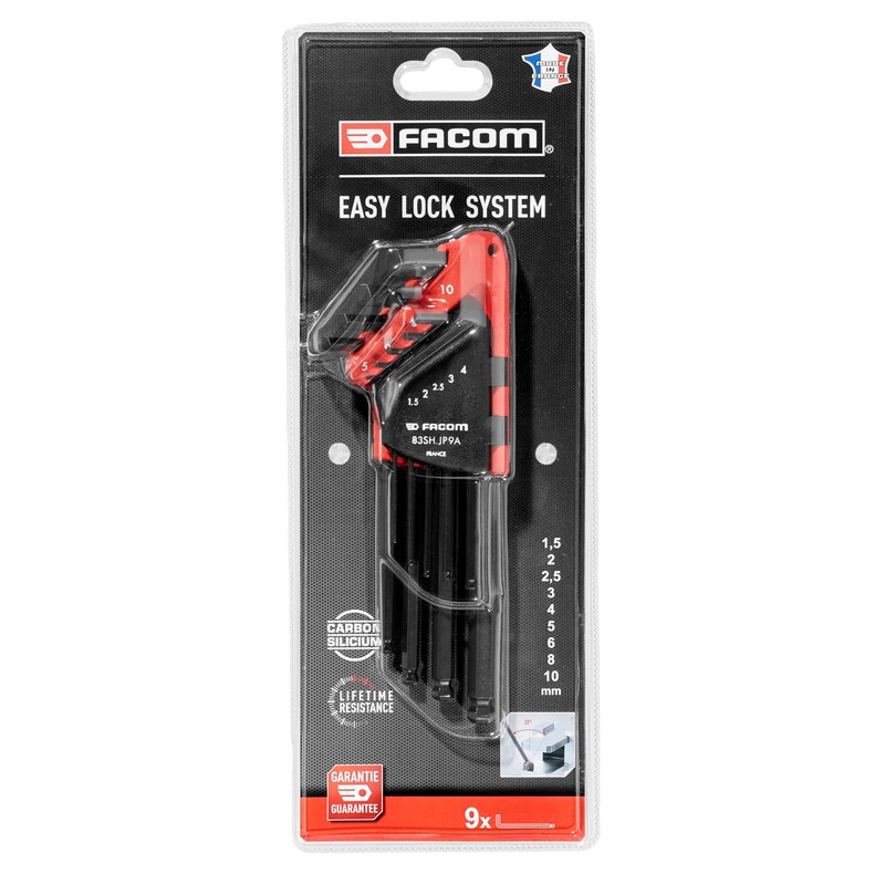 Facom 83SH.JP9A Long Sphere Metric Hexagon Key Set, 1.5mm-8mm, 9