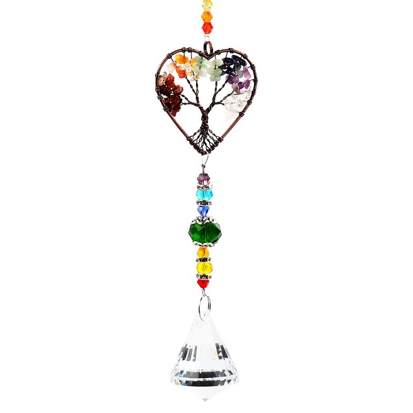 Chakra Healing Crystal Stone Suncatcher for Windows, Tree of Life Tandem Natural Quartz Gemstone Pendant Rainbow Maker Sun Catcher Spiritual Gifts for Women