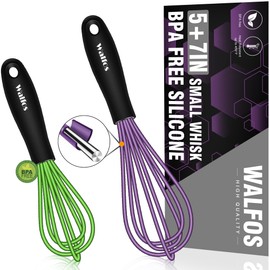 Walfos Whisk,5+7Inch Mini Whisk,Silicone Whisk Non Scratch Whisk,Heat Resistant(480°F) Small Whisk Suitable for stirring individual eggs and mixing small amounts of powder and sauce. (Purple & Green).