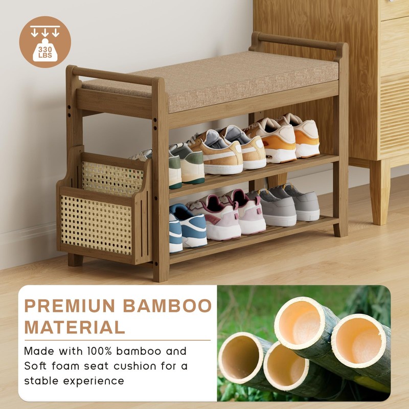 Homaxy 2-Tier Shoe Rack Bench, 28.2 in, Walnut and Light