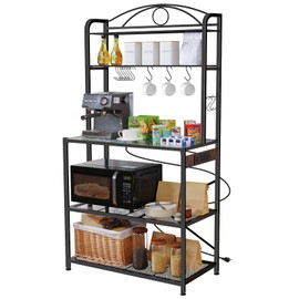 Home Limpidity Bakers Rack for Kitchen, 33-inch Wide Coffee Bar Station with Power Outlet, 5 Tier Microwave Stand Storage Shelf with S-Shaped Hooks, Metal Frame with Coloured Glass Tabletop