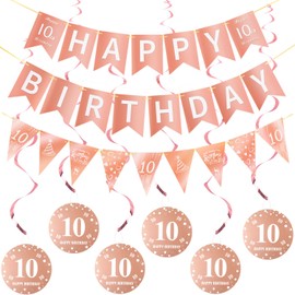 Happy 10th Birthday Banner + Triangle Flags Happy Birthday Garlands + 10th Birthday Hanging Decoration Spirals Set, Rose Gold 10th Birthday Decoration for Girls, 10th Birthday Girls Hanging Decoration