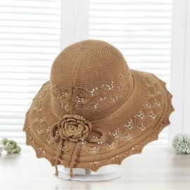 Womens Ruffled Flowers Summer Beach Hat Wide Brim Knitted Sun Hats Foldable Floppy Summer Cap for Travel Decoration Khaki