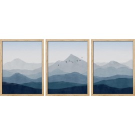 SIGNWIN Framed Blue Mountain Wall Art, Set of 3 Range Bird Sky Landscape Wall Decor Prints, Nature Wilderness Wall Décor for Living Room, Bedroom - 12"x16" Natural