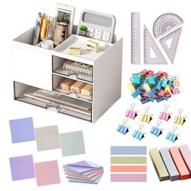 Catekro Pen Organizer with 3 Drawer, Desk Top Accessories Stationary Organizer Desk Caddy, Multi-Functional Pencil Holder for Desk Organizers with 5 Compartments for Office Art Supplies(White)