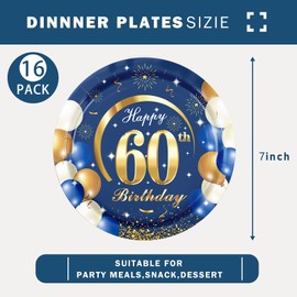 MORAINJAY 16Pcs Birthday Plates for 60,Navy Blue 7inch Paper Plates for 60th Birthday Party, Small Paper Plates for Men Women Her Him,Birthday Party Supplies Table Decor