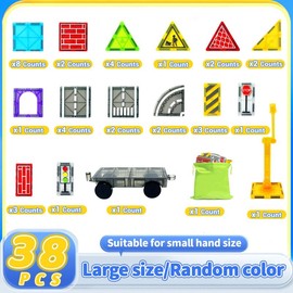 Magnetic Tiles Road Set with Magnet Crane Car Toys, Magnetic Blocks STEM Toys Creativity and Educational Construction Toys Toys for Kids Age 3-6 Birthday Gifts Random Color - pcs: 38pcs