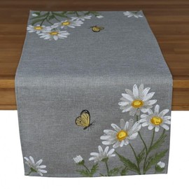 Tablecloth Table Runner Cushion Cover Grey Floral Crank Embroidery with White Daisies and Yellow Butterfly (40 x 85 cm)