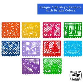 Mexican Party Banners (5 Pack with 10 Plastic Flags per Banner) - Papel Picado Cinco de Mayo Party Decorations - Cinco de Mayo Banner - Mexican Themed Party Decorations 5 de Mayo