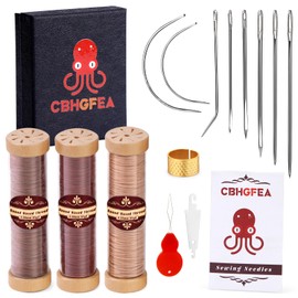 CBHGFEA 65 Yards 630D Waxed Thread, Round Upholstery Thread Upholstery Repair Sewing Kit with 8 Pcs Upholstery Needles for DIY Leather Repair Craft (Original White, Light Brown, Coffee)