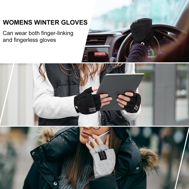 YSense Womens Winter Gloves, 2 Pack Warm Knitted Convertible Fingerless