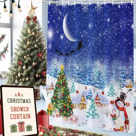 LYLYCTY Christmas Tree Shower Curtains for Bathroom, Winter Holiday Waterproof Fabric Bathroom Shower Curtain Set with 12 Hooks, 72x72 Inches White and Blue