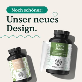 NATURE LOVE® Lions Mane - 180 Capsules - High Dose with 1500 mg 30:1 Extract per Daily Dose - 30% Polysaccharides and 5% Beta-Glucans - Hericium Erinaceus Mushroom - Vegan and Laboratory Tested