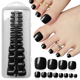 LoveOurHome 240pc False Toe Nails Colored Black Press on Toenails Full Cover Short Square Fake Toenails Artificial Pedicure Tips with Tabs Glue for Women Girls