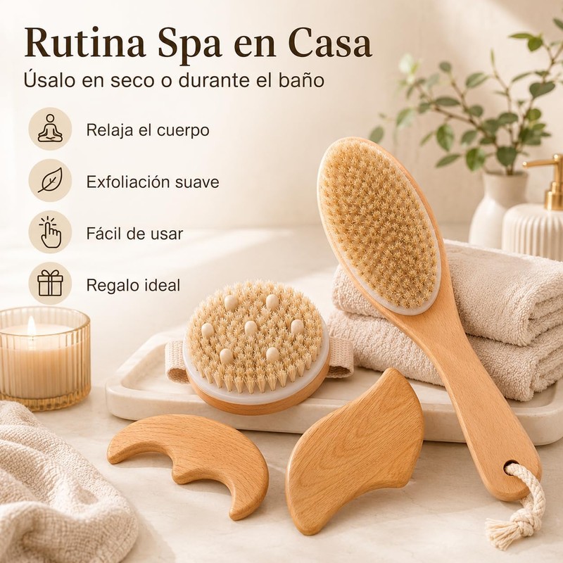 Kit de Cepillos Corporales de Cerdas Naturales y Gua Sha