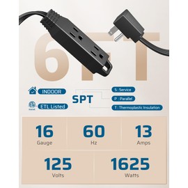 DEWENWILS - Cable de extensión de enchufe plano de 6 pies, tira de alimentación ultra delgada de 3 puntas, 13A/125V/1625W, cable de alimentación plano a tierra de 16/3 Awg para espacio estrecho