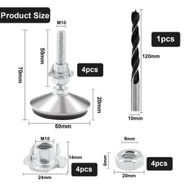 TOKSEO Set of 4 M10 x 50 mm Levelling Feet, Furniture Feet, Adjustable Metal M10 Adjustable Feet, Height Adjustable, Adjustment Screw with Drive-in Nuts, Lock Nuts and Metal Drills