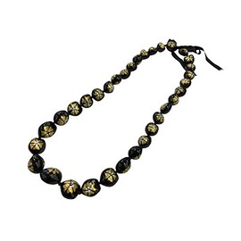 DK Hawaiian Collections Style Kukui Nut Lei Hibiscus Flower Hand Painted 33 Nuts Necklace (Gold)