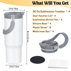 4 Pack 30oz Sublimation Tumbler with Handle, Sublimation Flip Straw Tumbler with Portable 2-in-1 Lid, Insulated Stainless Steel Water Bottle, Leak Proof Travel Mug Cup for Home, Outdoor or Car