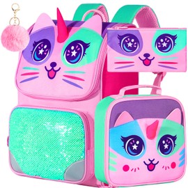KLFVB 3PCS Backpack for Girls, Kids Sequin Bookbag with Lunch Box, 15" Preschool School Bag for Elementary Toddler Students - Pink Cat