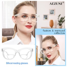 AEZUNI Oversized Bifocal Reading Glasses Women Big Frame Blue Light Readers 100 125 150 175 200 225 250 275 300 350 (Transparent,1.75)