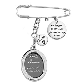 LQRI Wedding Bouquet Photo Charm Memorial Safety Pin Brooch No Longer by My Side Forever in My Heart Walk Down The Aisle Bridal Charm in Memory of Dad (brooch-mom)
