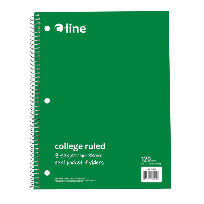 C-Line 3-Subject Notebook, College Ruled, 1 Notebook, Color May Vary