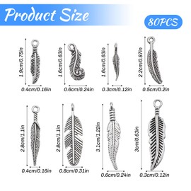 Shimmeroo 80PCS Feather Charms for Jewelry Making, 8 Styles Antique Silver Feather Charms Pendants Tibetan Style Metal Charm for Dreamer Catcher Earring Necklace Bracelet Native