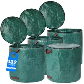 Pilntons 4 Pack 132 Gallons Reusable Yard Waste Bags with Double Bottom and Zipper Lid, Heavy Duty with 4 Handles, Garden Waste Container for Debris, Grass Clipping