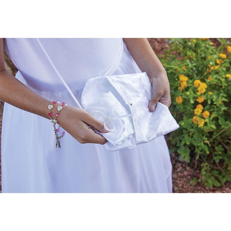 First Communion White Satin Brocade Rosary Case with Chalice Design,