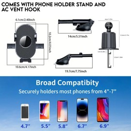 EKAM Car Phone Holder Mount, [Upgraded Strong Suction Cup] 4 in 1 Adjustable Car Phone Mount 360° Rotation for Dashboard/Windscreen/Air Vent Automobile Cradle for All 4.7 to 6.7 inch Smartphones