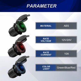 HAAMNING7 3 pezzi Presa accendisigari DC 12V/24V 10A Presa accendisigari impermeabile Presa di corrente con luce LED (rosso/blu/verde) per auto/moto/nautica/ATV/RV, con fusibile in vetro, pannello