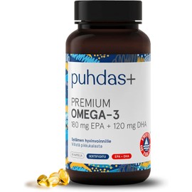 puhdas+ Premium Omega 3 180 mg EPA + 120 mg DHA [80 Capsules] Natural Fish Oil Complex, High Quality and Certified Omega 3 Capsules Fish Oil, Made in Finland
