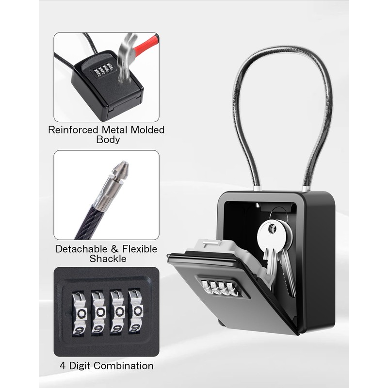 JOJOSEE Key Safe Outdoor, Key Lock Box with Removable Wire