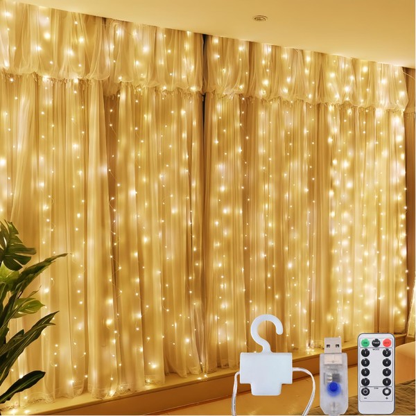 Clearhill 3 * 3Curtain String Lights, 300LED，Warm，8 Modes Fairy Hanging