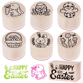BETESSIN 7 Pieces Wooden Stamp Easter Wooden Stamp Set for Cards Crafts Sayings Round Motif Stamp Easter Bunny Easter Eggs for Card Making Scrapbooking Bullet Journal