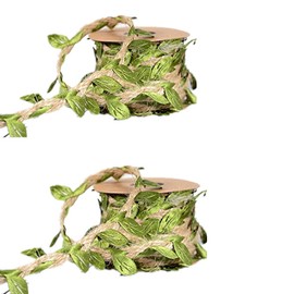Amlrt 2 packs Natural Jute Twine, 5MM Burlap Leaf Ribbon Artificial Vine Green Leaves Wedding Home Garden, Perfect Braided Decorated Vine for Art & Crafting Home Packing Decoration and any Party Décor