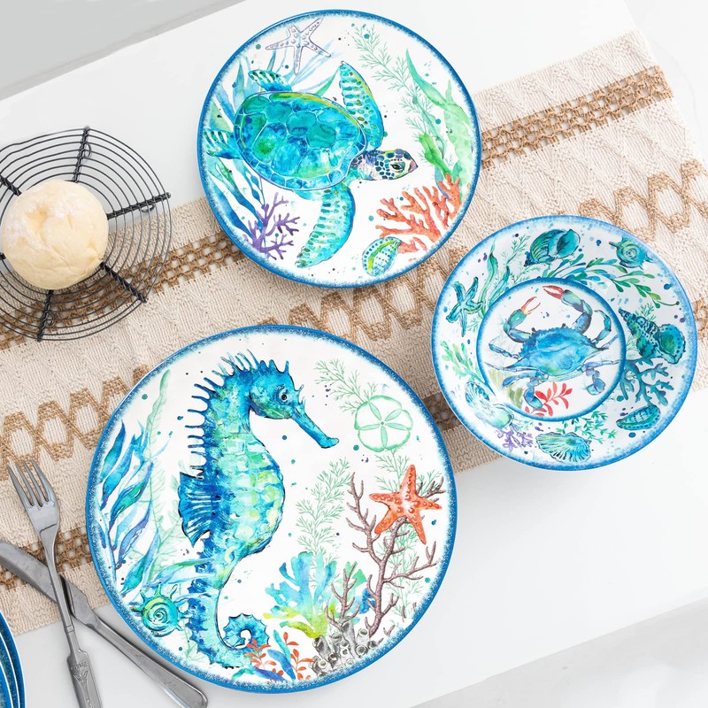 LEHAHA 12-Piece Melamine Beach Dinnerware Set, Coastal Plates and Bowls
