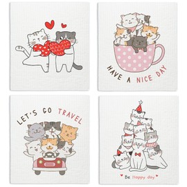 LARTSFRO Cat Swedish Dishcloths for Kitchen, Papaya Reusable Paper Towels, 4 Pack Watercolor Dish Towels for Kitchen, Cute Swedish Dish Cloths, Reusable Paper Towels Washable