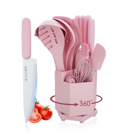 22-piece Knife Set & Kitchen Utensils Set with Rotating Holder,Nylon Utensils Set for Cooking,Stainless Steel Sharp Chef Knives Set for Cutting,Knife Block Set with Whisk Brush and Spoon (Pink)